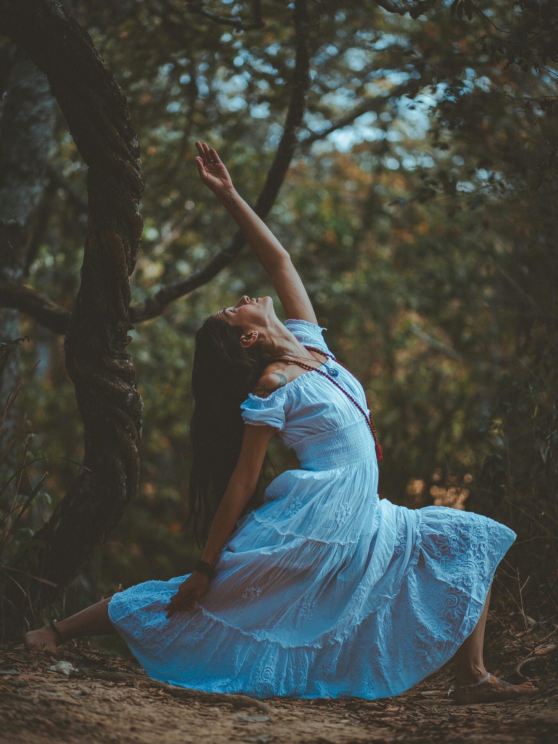 A woman in a blue dress performs a yoga pose amidst nature's tranquility.